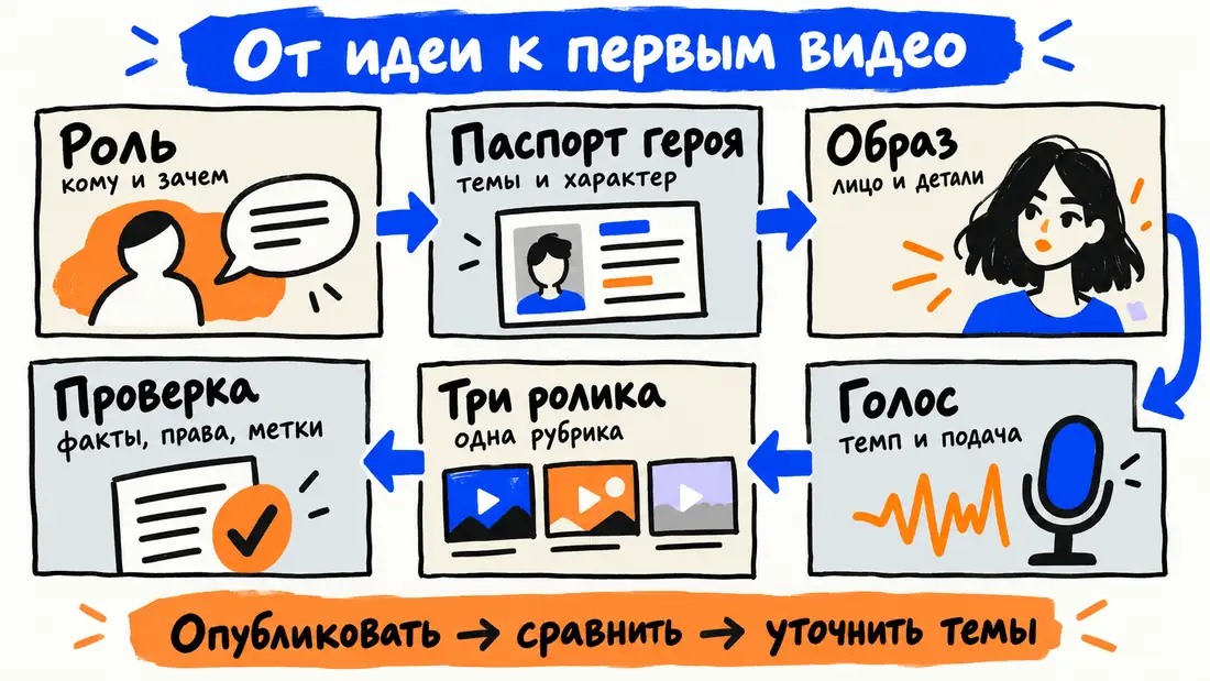 Схема из шести шагов: роль, паспорт героя, образ, голос, три ролика и проверка